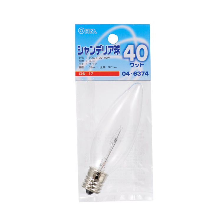 シャンデリア球 口金E17 40W クリア  LB-C2740-C オーム電機
