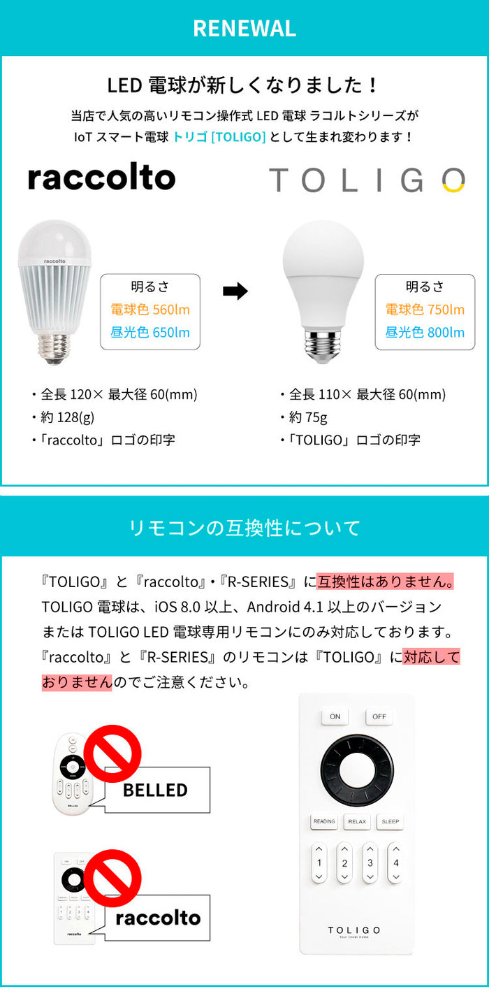 TOLIGO 調光調色 スマホで外出先から照明ON! リモコンLED電球 E26 TLG