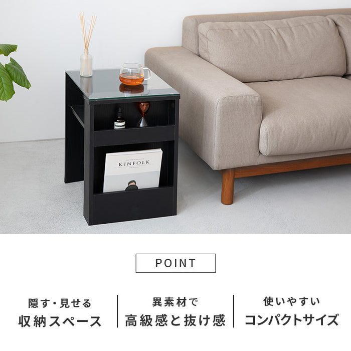 サイドテーブル ガラス天板 ブラックカラー ブックスタンド付き 収納棚