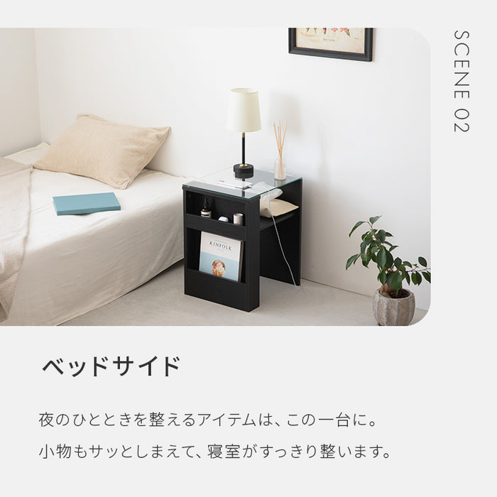 サイドテーブル ガラス天板 ブラックカラー ブックスタンド付き 収納棚