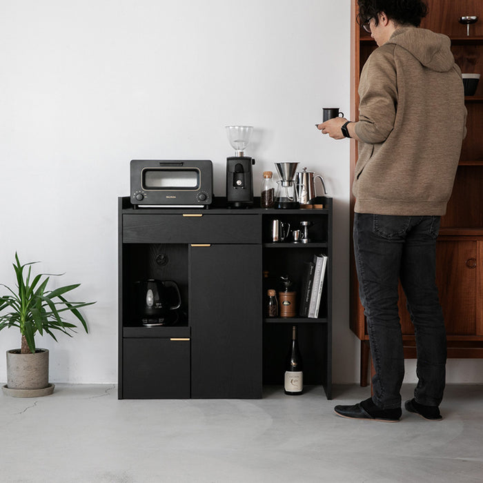 キッチンボード 90cm幅 ロータイプ ブラックカラー ゴミ箱収納