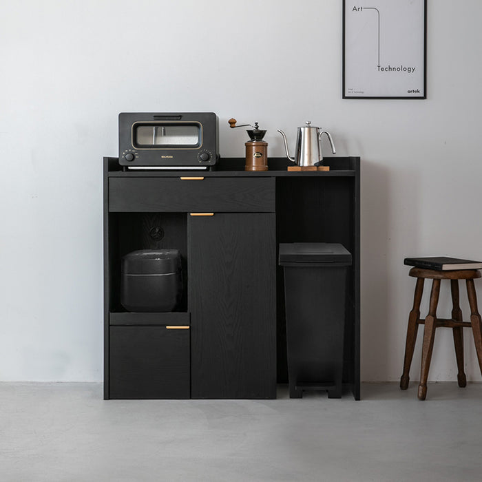 キッチンボード 90cm幅 ロータイプ ブラックカラー ゴミ箱収納